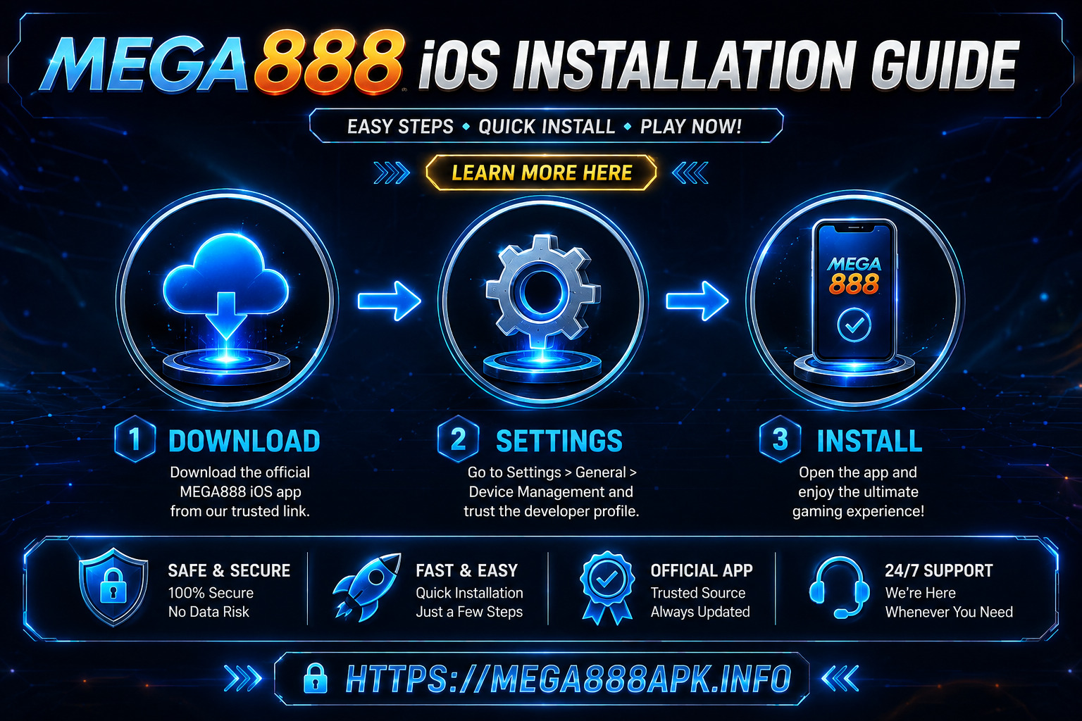 MEGA888 iOS installation guide screenshots